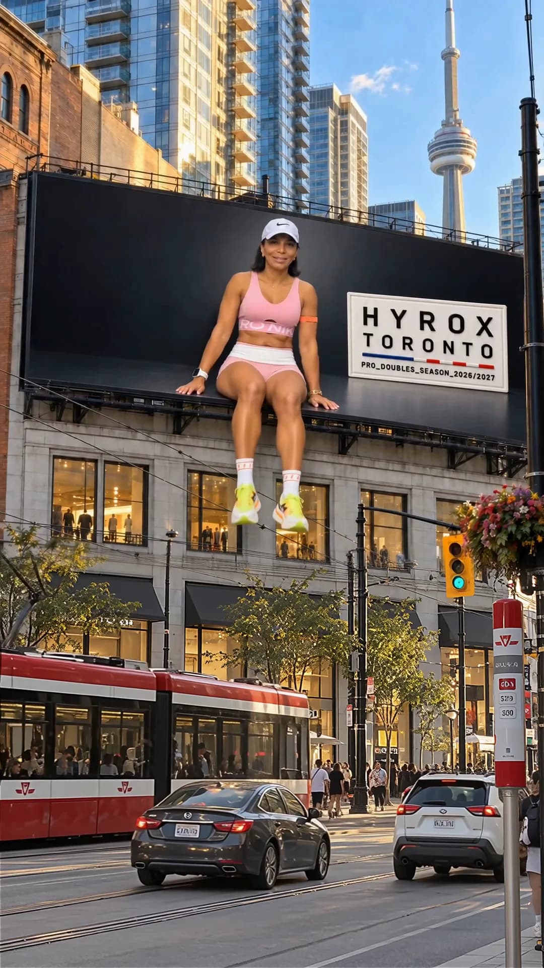 A woman in a pink sports set sits on the edge of a large black billboard above a Toronto street, beside a HYROX Toronto sign, with the CN Tower and a streetcar in view