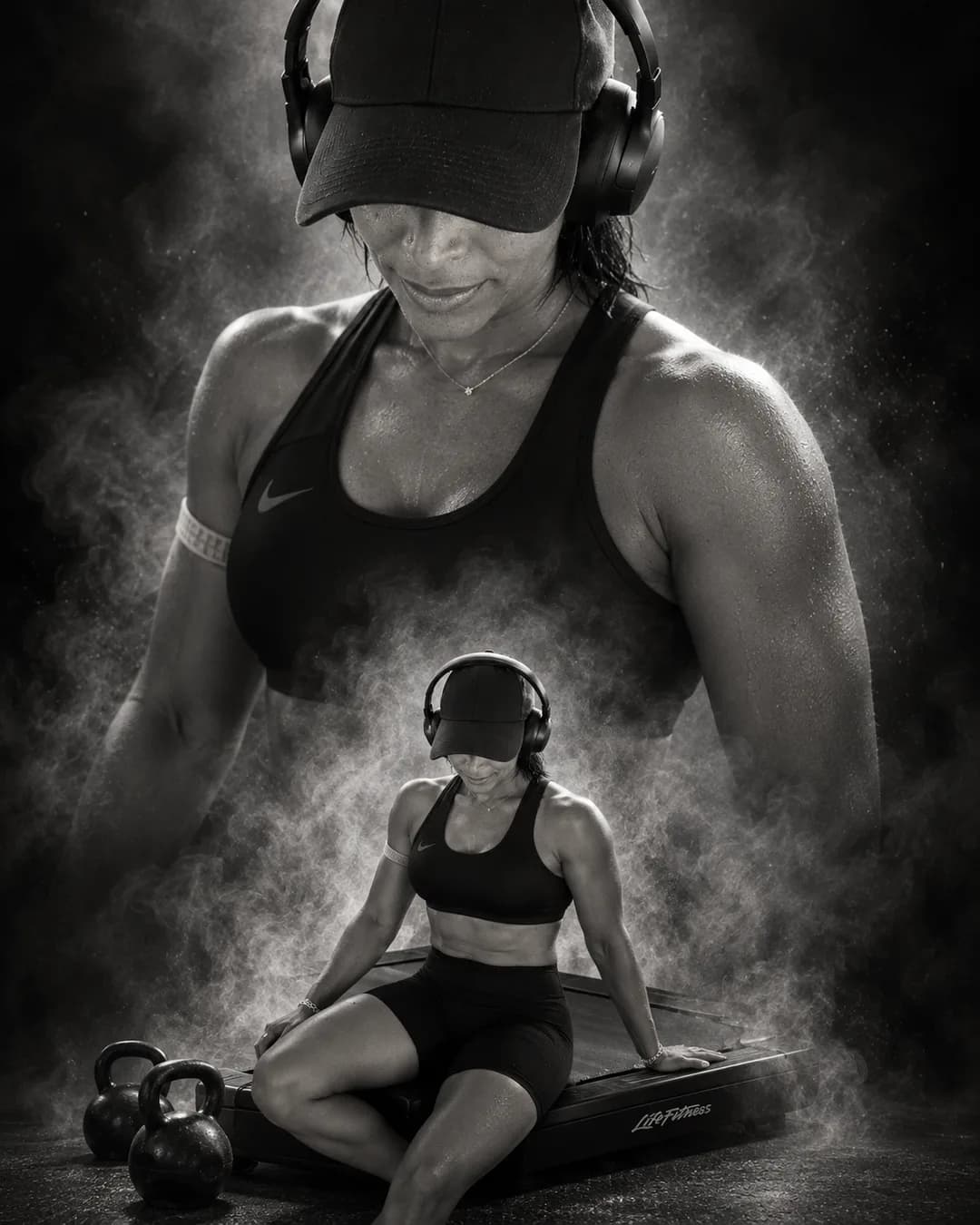 A black-and-white poster of a woman in headphones and a cap, with a smaller version of her sitting on a treadmill among kettlebells below