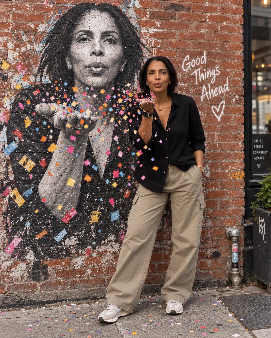 A woman stands beside a brick-wall mural of her own face blowing confetti, next to the words Good Things Ahead