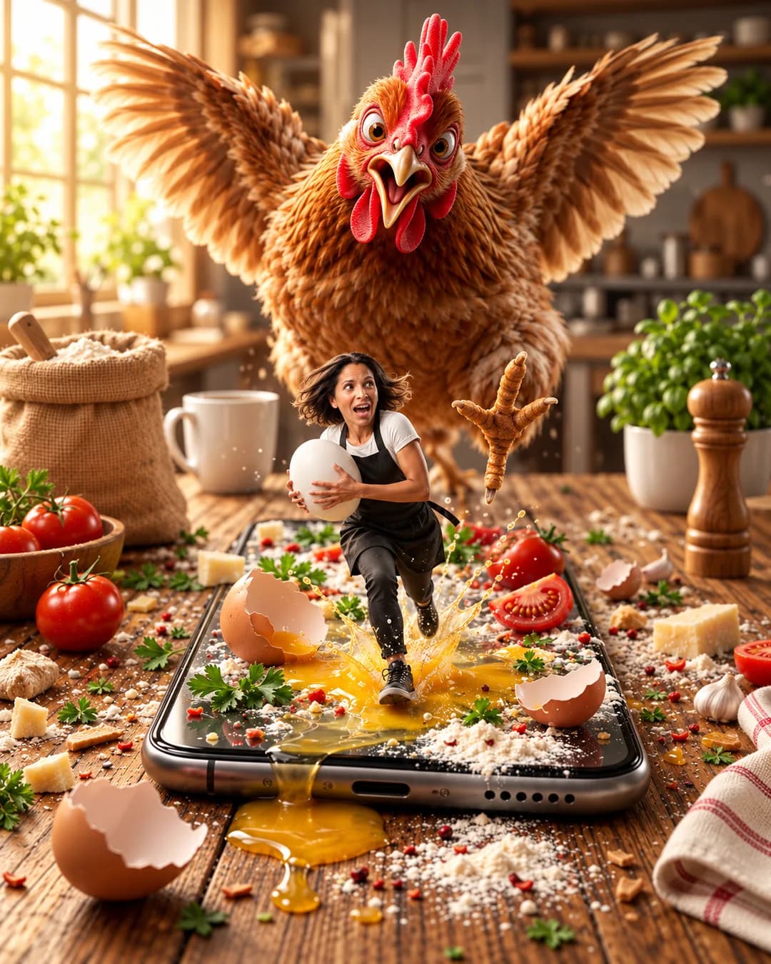 A woman holding an egg runs across a giant smartphone lying on a kitchen table while an enormous chicken with spread wings chases her