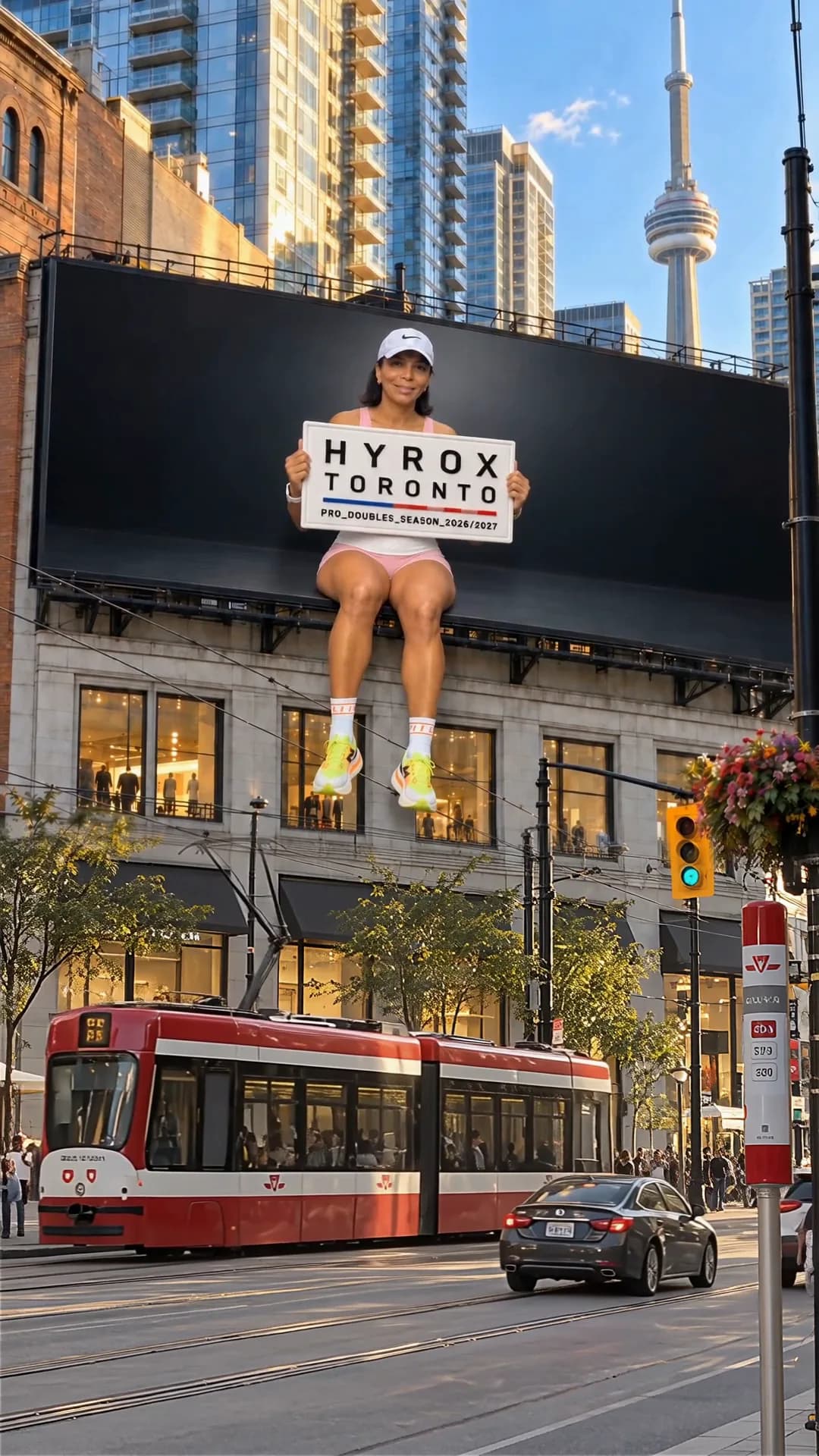 The woman on the billboard holding up the HYROX Toronto sign with both hands
