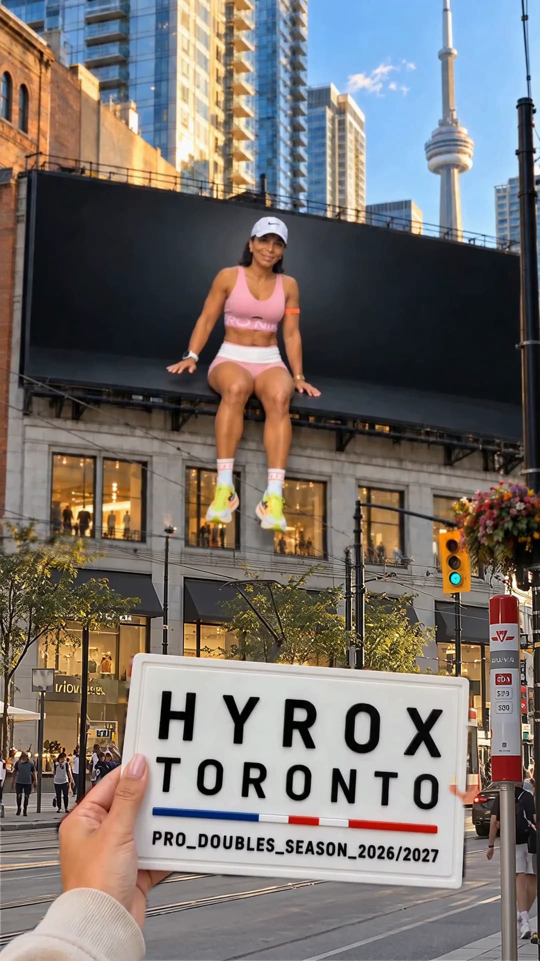 A hand on the street holding the HYROX Toronto sign that has dropped from the billboard above