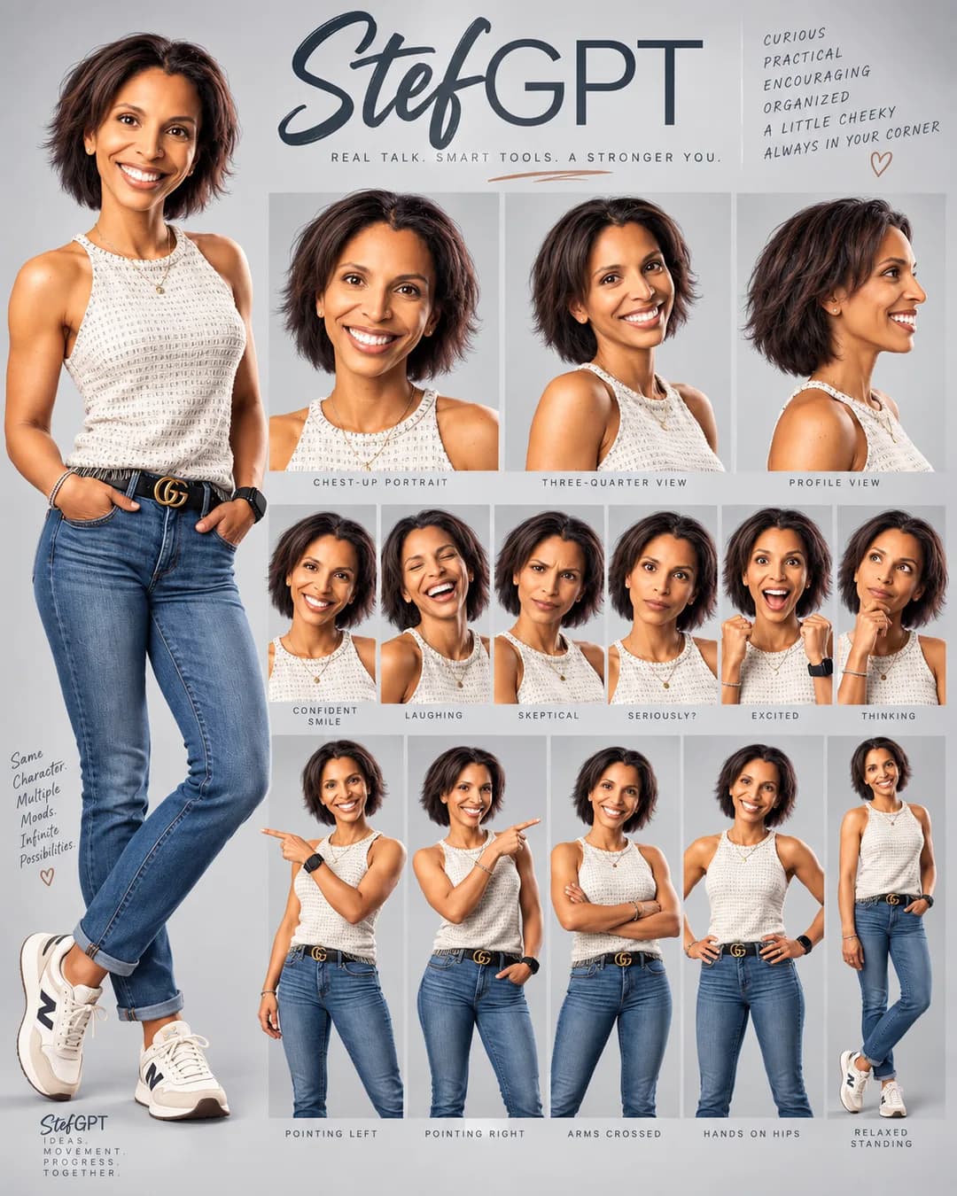 The StefGPT character sheet: one woman shown full length, in close-up portraits and in a row of expressions and poses